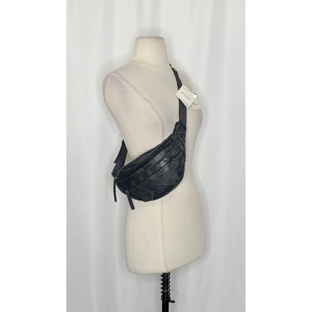 NWT!! FREE PEOPLE Black Leather Ana Adorned Sling Bag Solid Studded Embellished - Picture 3 of 16